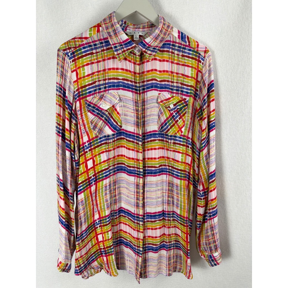 Cabi Multicolor Abstract Plaid Roll Tab Long Sleeve Button Down Shirt Sz L Artsy